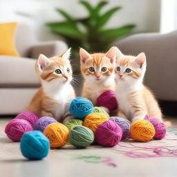 A group of adorable kittens playing with colorful balls of yarn