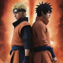 Naruto and Sasuke, standing back to back against a backdrop of erupting power. They are significantly more formidable, blood splattered and facial expressions signaling intense anger.