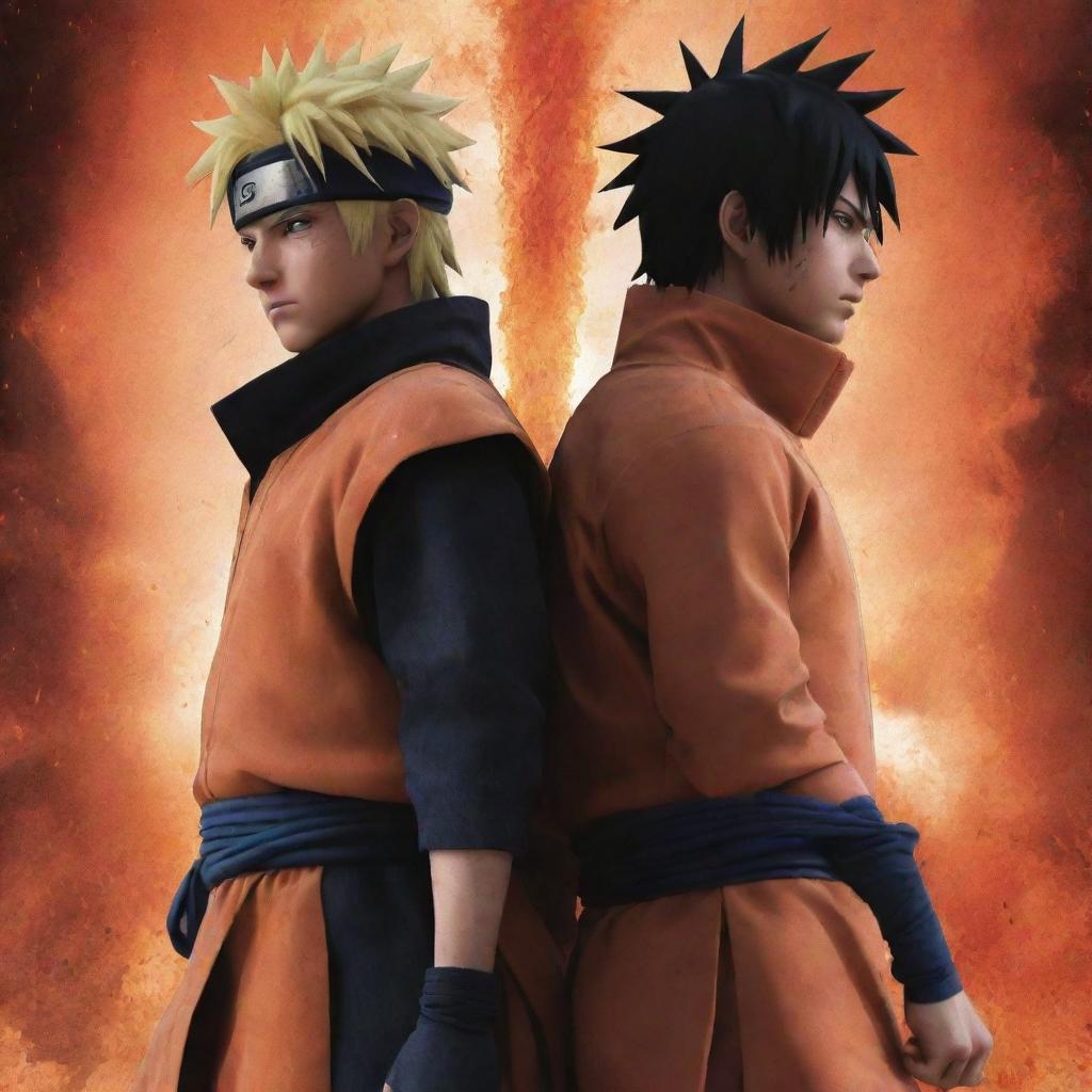 Naruto and Sasuke, standing back to back against a backdrop of erupting power. They are significantly more formidable, blood splattered and facial expressions signaling intense anger.