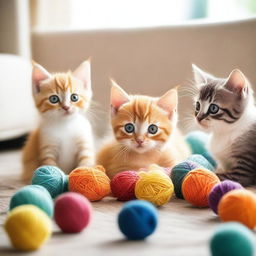 A group of adorable kittens playing with colorful balls of yarn