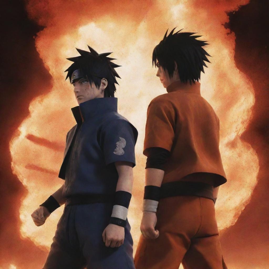 Naruto and Sasuke, standing back to back against a backdrop of erupting power. They are significantly more formidable, blood splattered and facial expressions signaling intense anger.