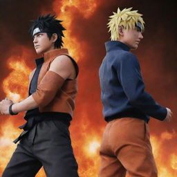 Naruto and Sasuke, standing back to back against a backdrop of erupting power. They are significantly more formidable, blood splattered and facial expressions signaling intense anger.