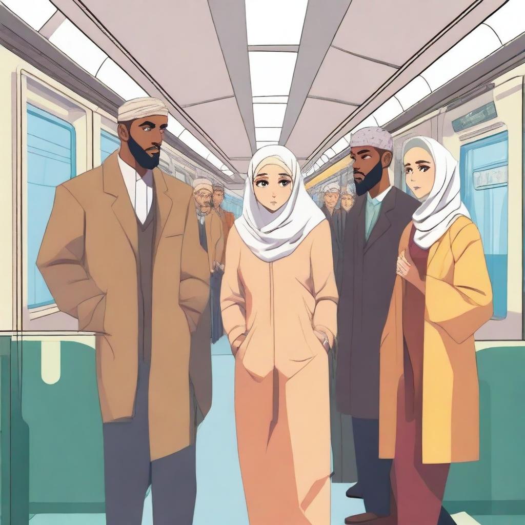 A subway car with Muslim men and a young Aryan woman with blonde hair