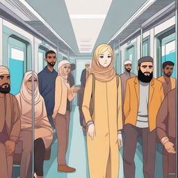 A subway car with Muslim men and a young Aryan woman with blonde hair