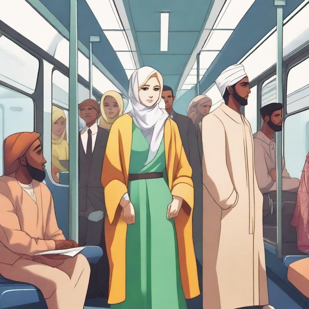 A subway car with Muslim men and a young Aryan woman with blonde hair