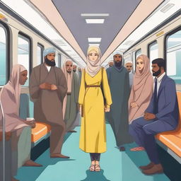 A subway car with Muslim men and a young Aryan woman with blonde hair