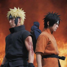 Naruto and Sasuke, standing back to back against a backdrop of erupting power. They are significantly more formidable, blood splattered and facial expressions signaling intense anger.