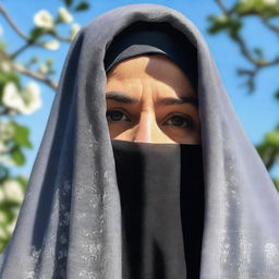 A woman dressed in a burqa, standing in a serene outdoor setting