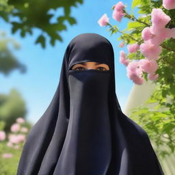 A woman dressed in a burqa, standing in a serene outdoor setting