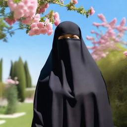 A woman dressed in a burqa, standing in a serene outdoor setting