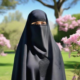 A woman dressed in a burqa, standing in a serene outdoor setting