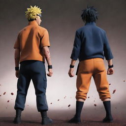 An animated depiction of Naruto and Sasuke, more powerful than ever, standing back-to-back. Blood splattered and expressions of fierce anger on their faces, the ground trembling under their intense power.