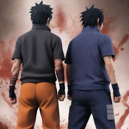 An animated depiction of Naruto and Sasuke, more powerful than ever, standing back-to-back. Blood splattered and expressions of fierce anger on their faces, the ground trembling under their intense power.