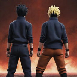 An animated depiction of Naruto and Sasuke, more powerful than ever, standing back-to-back. Blood splattered and expressions of fierce anger on their faces, the ground trembling under their intense power.