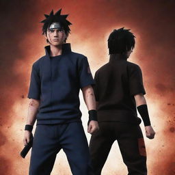 An animated depiction of Naruto and Sasuke, more powerful than ever, standing back-to-back. Blood splattered and expressions of fierce anger on their faces, the ground trembling under their intense power.