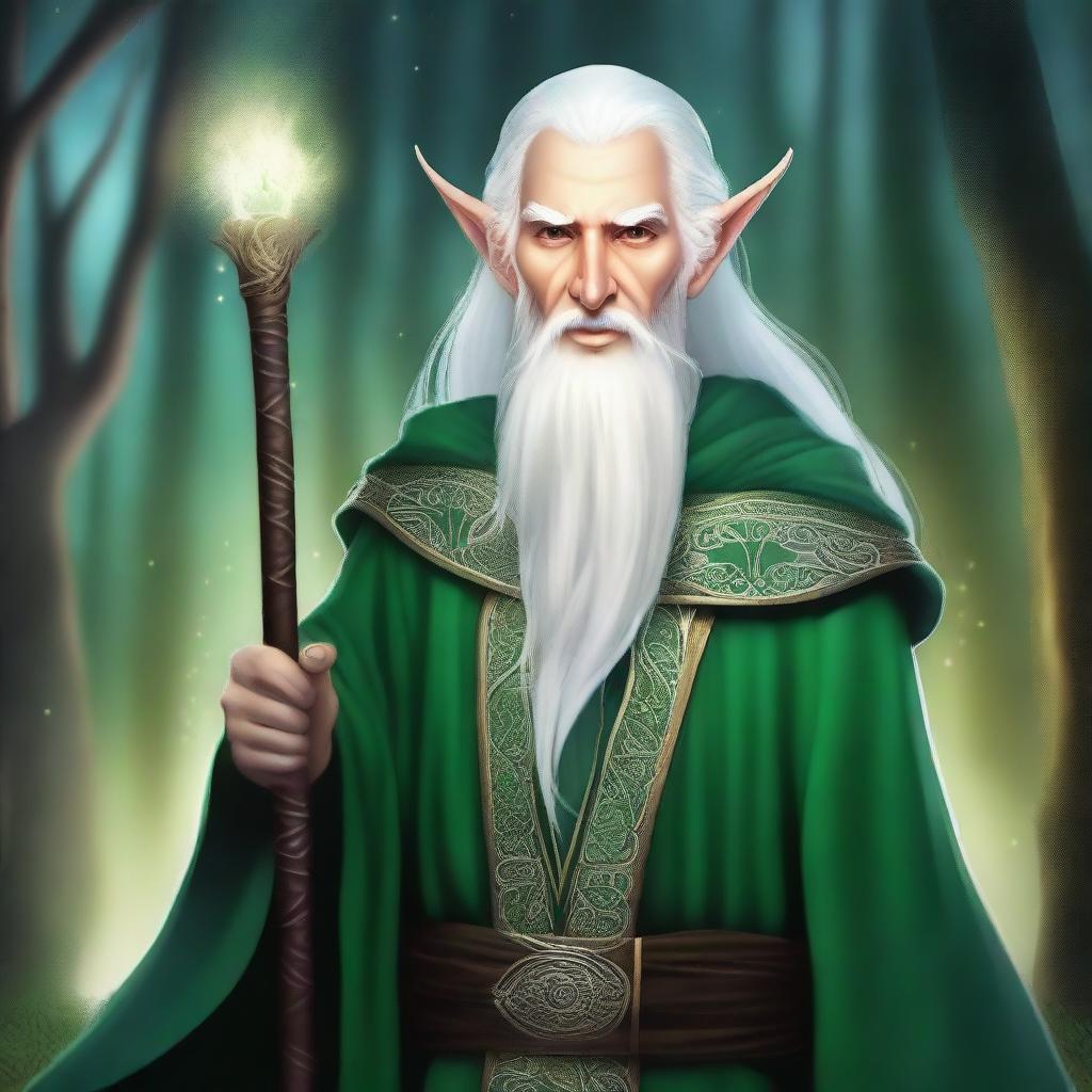 A detailed illustration of a High Elf wizard with white hair and green eyes