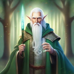 A detailed illustration of a High Elf wizard with white hair and green eyes