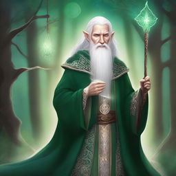 A detailed illustration of a High Elf wizard with white hair and green eyes