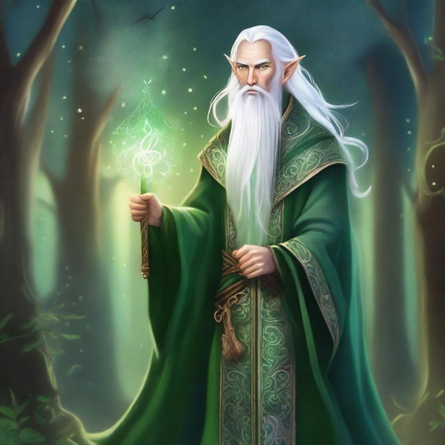 A detailed illustration of a High Elf wizard with white hair and green eyes