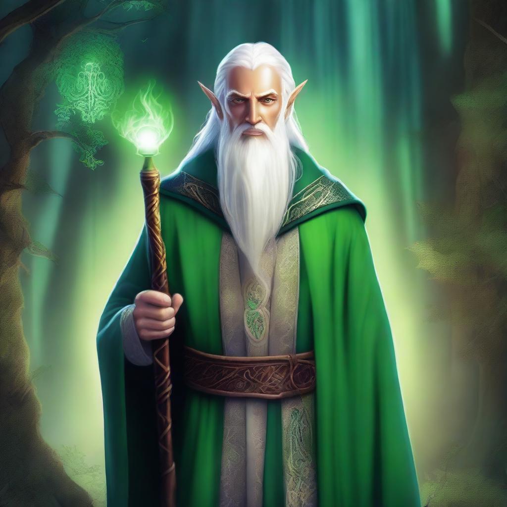 A detailed illustration of a High Elf wizard with white hair and green eyes