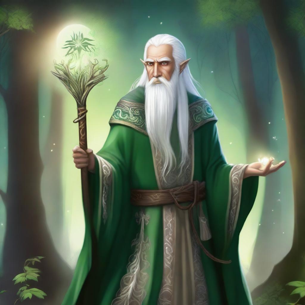 A detailed illustration of a High Elf wizard with white hair and green eyes