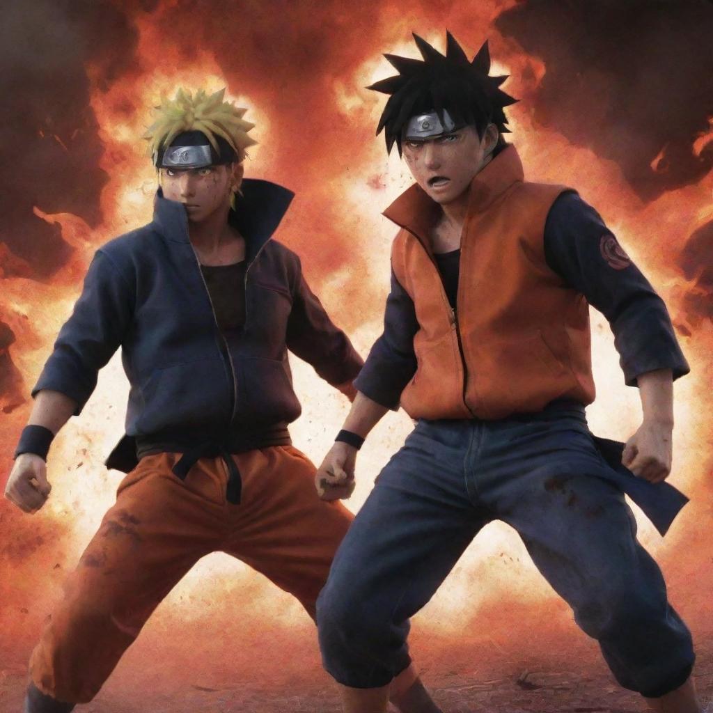 An enhanced anime-style depiction of Naruto and Sasuke, radiating immense power. Their expressions fierce, bodies stained with blood; the ground trembles beneath them in this hyperbolized animated scene.