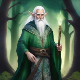 A detailed illustration of a High Elf wizard with white hair and green eyes