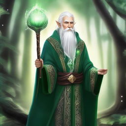 A detailed illustration of a High Elf wizard with white hair and green eyes