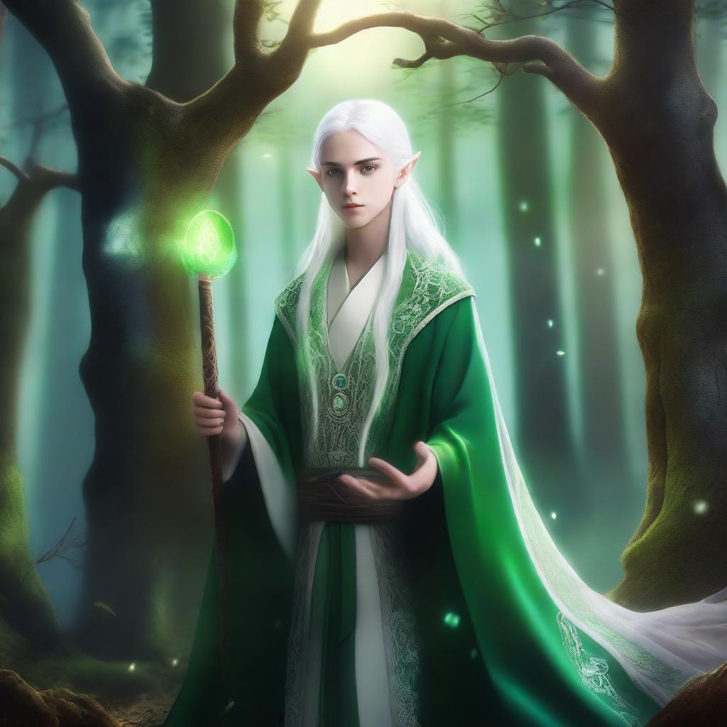 A young High Elf wizard with white hair and green eyes, standing in a mystical forest