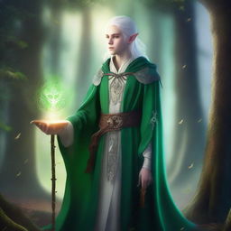 A young High Elf wizard with white hair and green eyes, standing in a mystical forest