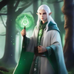 A young High Elf wizard with white hair and green eyes, standing in a mystical forest