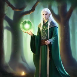 A young High Elf wizard with white hair and green eyes, standing in a mystical forest