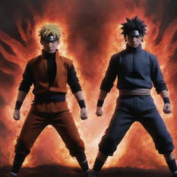 An enhanced anime-style depiction of Naruto and Sasuke, radiating immense power. Their expressions fierce, bodies stained with blood; the ground trembles beneath them in this hyperbolized animated scene.