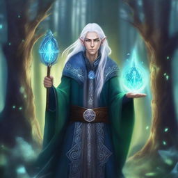 A High Elf wizard with white hair and green eyes, wearing blue wizard robes