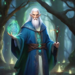 A High Elf wizard with white hair and green eyes, wearing blue wizard robes