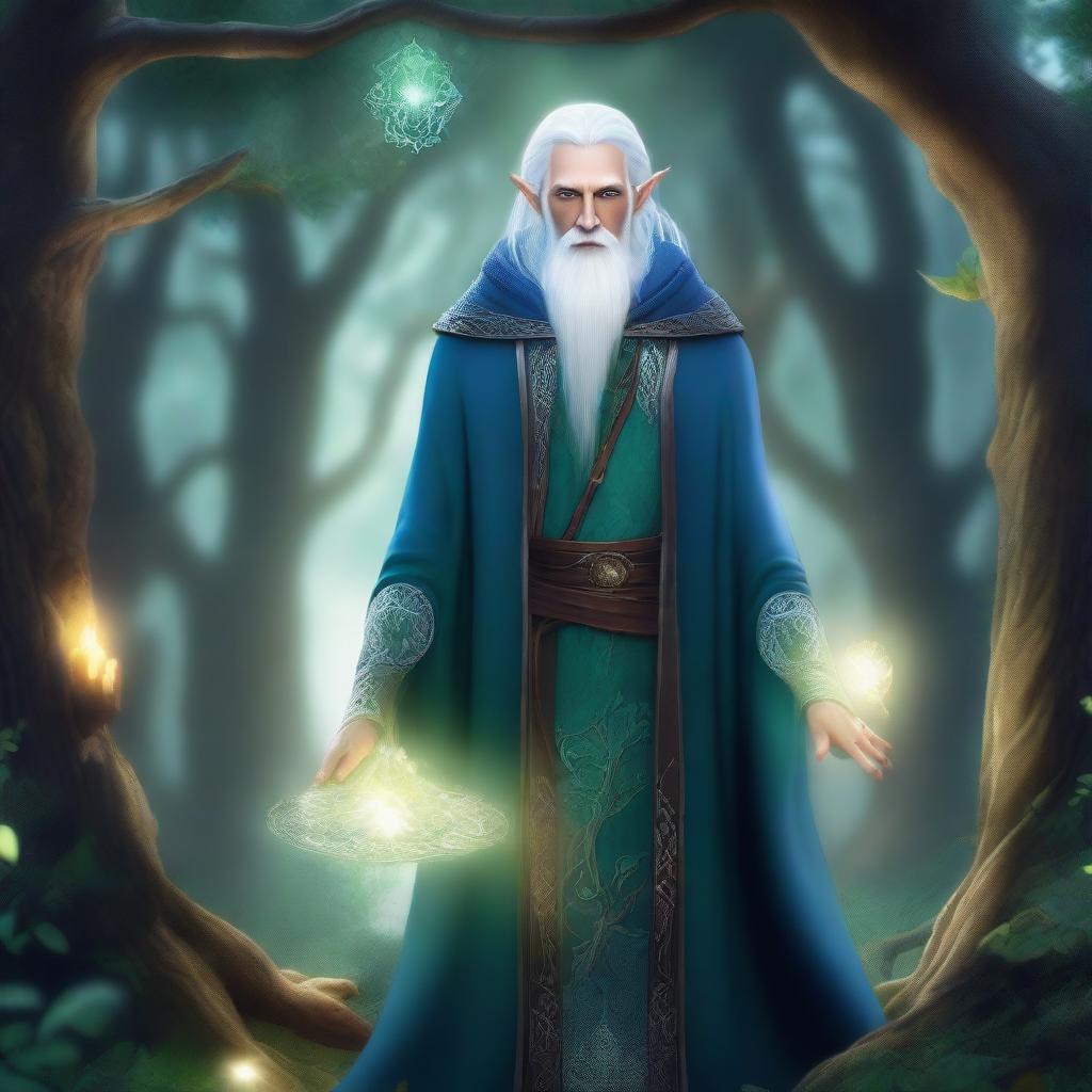 A High Elf wizard with white hair and green eyes, wearing blue wizard robes