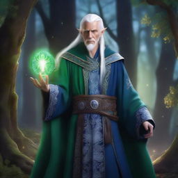 A High Elf wizard with white hair and green eyes, wearing blue wizard robes