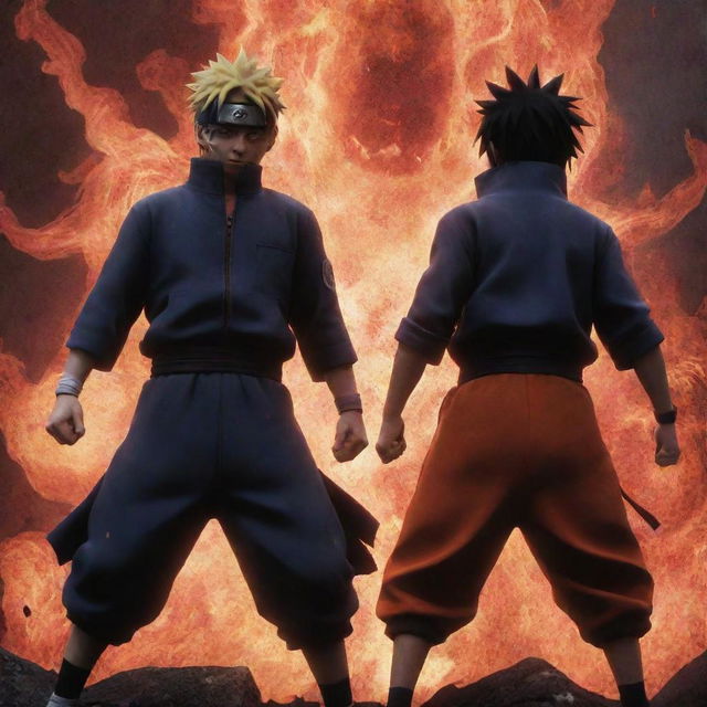 An enhanced anime-style depiction of Naruto and Sasuke, radiating immense power. Their expressions fierce, bodies stained with blood; the ground trembles beneath them in this hyperbolized animated scene.