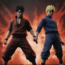 An enhanced anime-style depiction of Naruto and Sasuke, radiating immense power. Their expressions fierce, bodies stained with blood; the ground trembles beneath them in this hyperbolized animated scene.