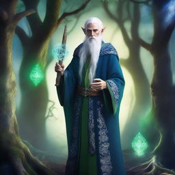 A High Elf wizard with white hair and green eyes, wearing blue wizard robes