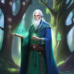 A High Elf wizard with white hair and green eyes, wearing blue wizard robes