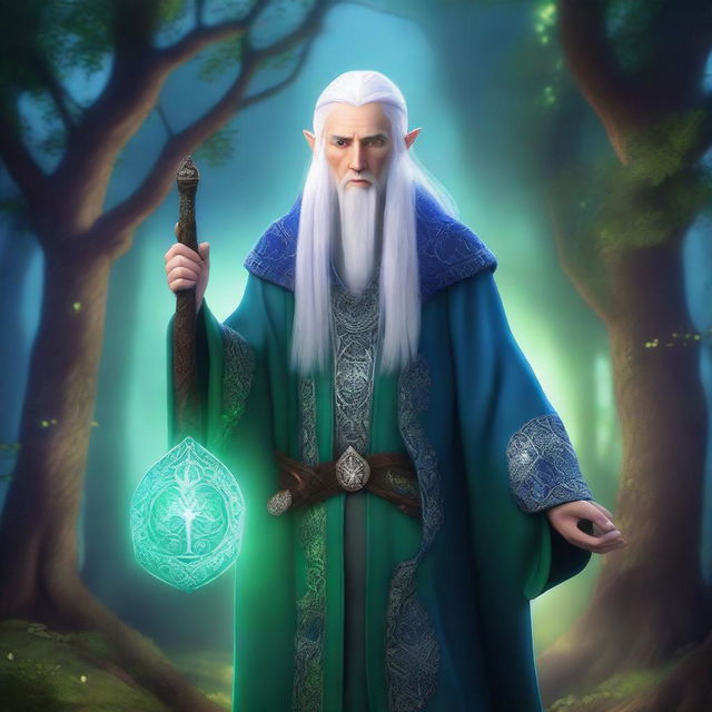 A High Elf wizard with white hair and green eyes, wearing blue wizard robes