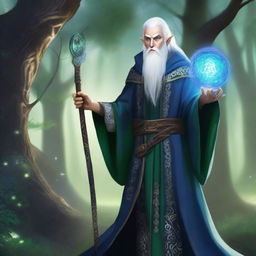 A High Elf wizard with white hair and green eyes, wearing blue wizard robes