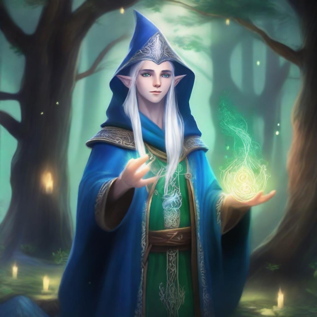 A young High Elf wizard with white hair and green eyes, wearing blue wizard robes and a wizard hat