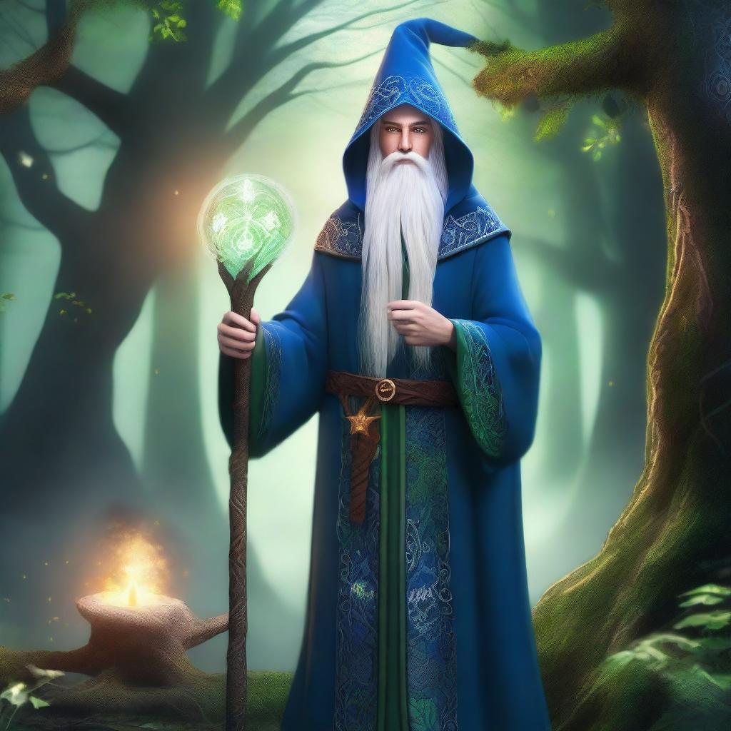 A young High Elf wizard with white hair and green eyes, wearing blue wizard robes and a wizard hat