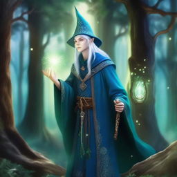 A young High Elf wizard with white hair and green eyes, wearing blue wizard robes and a wizard hat