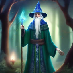 A young High Elf wizard with white hair and green eyes, wearing blue wizard robes and a wizard hat