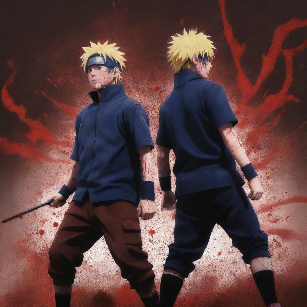 A highly-intensified anime-style illustration of Naruto and Sasuke, exerting extraordinary power while standing back-to-back. Blood splatter adorns them, faces knitted in ferocious anger while the ground quivers under their might.