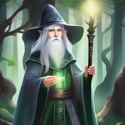 A young High Elf wizard with white hair and green eyes, wearing gray wizard robes and a wizard hat