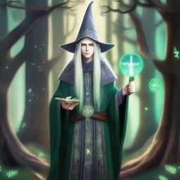 A young High Elf wizard with white hair and green eyes, wearing gray wizard robes and a wizard hat